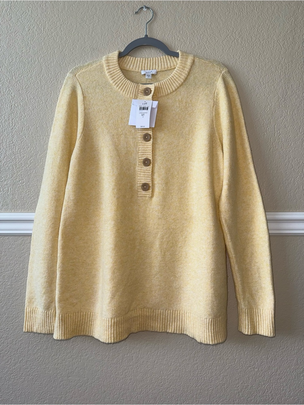 NEW $89 Pure Jill Cotton Blend Henley Sweater Crewneck Butter Yellow Medium Tall